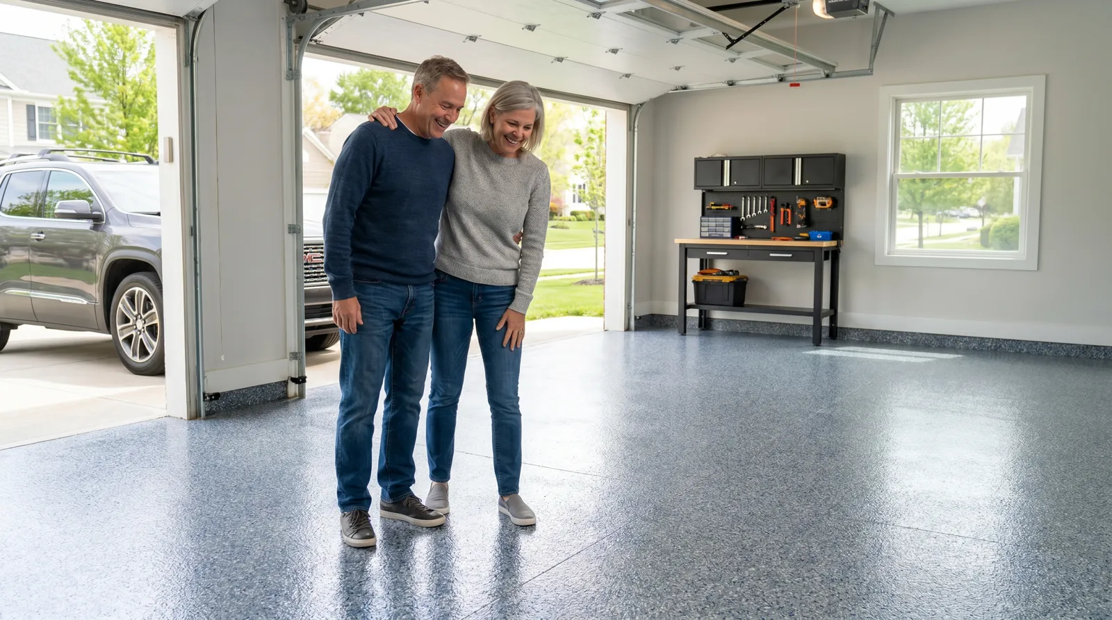 Happy Indiana homeowners in their newly coated garage