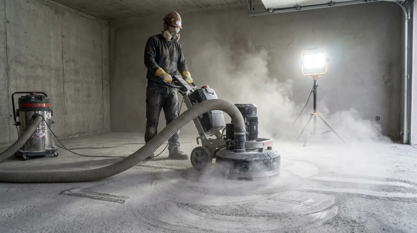 Diamond grinding machine preparing concrete garage floor