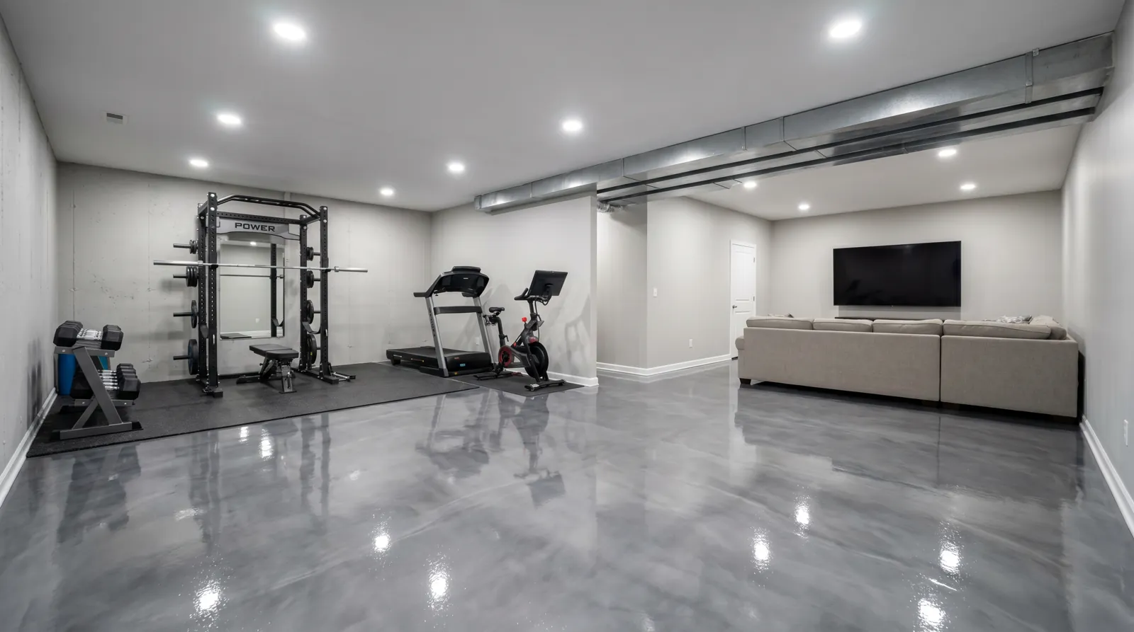 Basement floor coating with polyaspartic finish