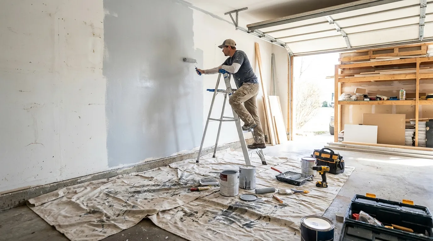 Illustrative image: Contractor painting garage wall during remodel