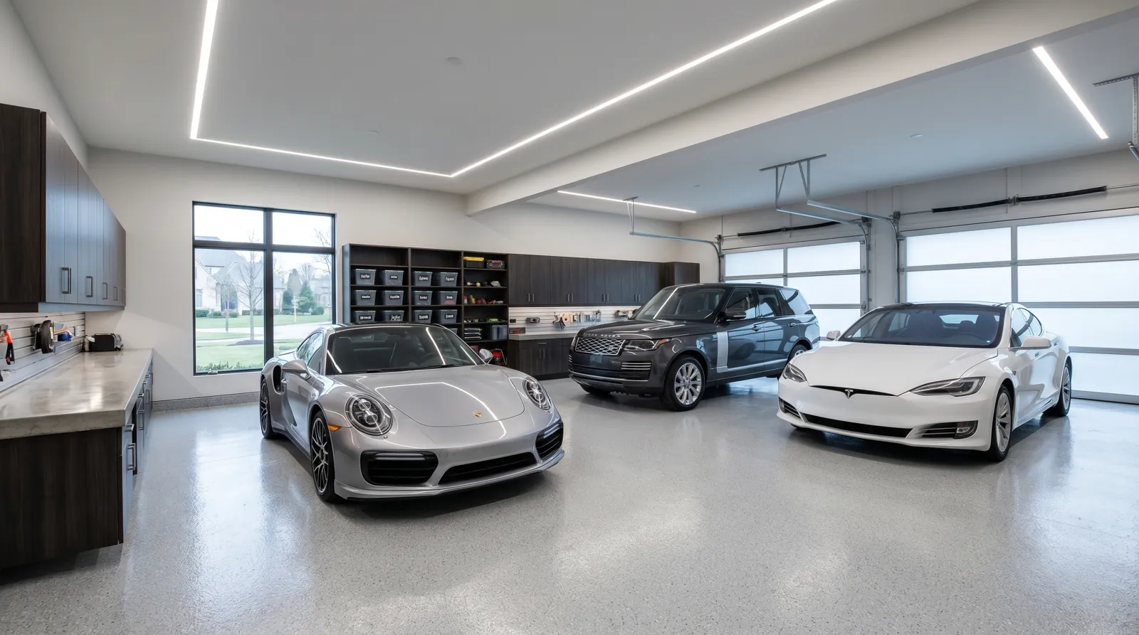Three-car luxury garage with polyaspartic floor coating in Carmel Indiana