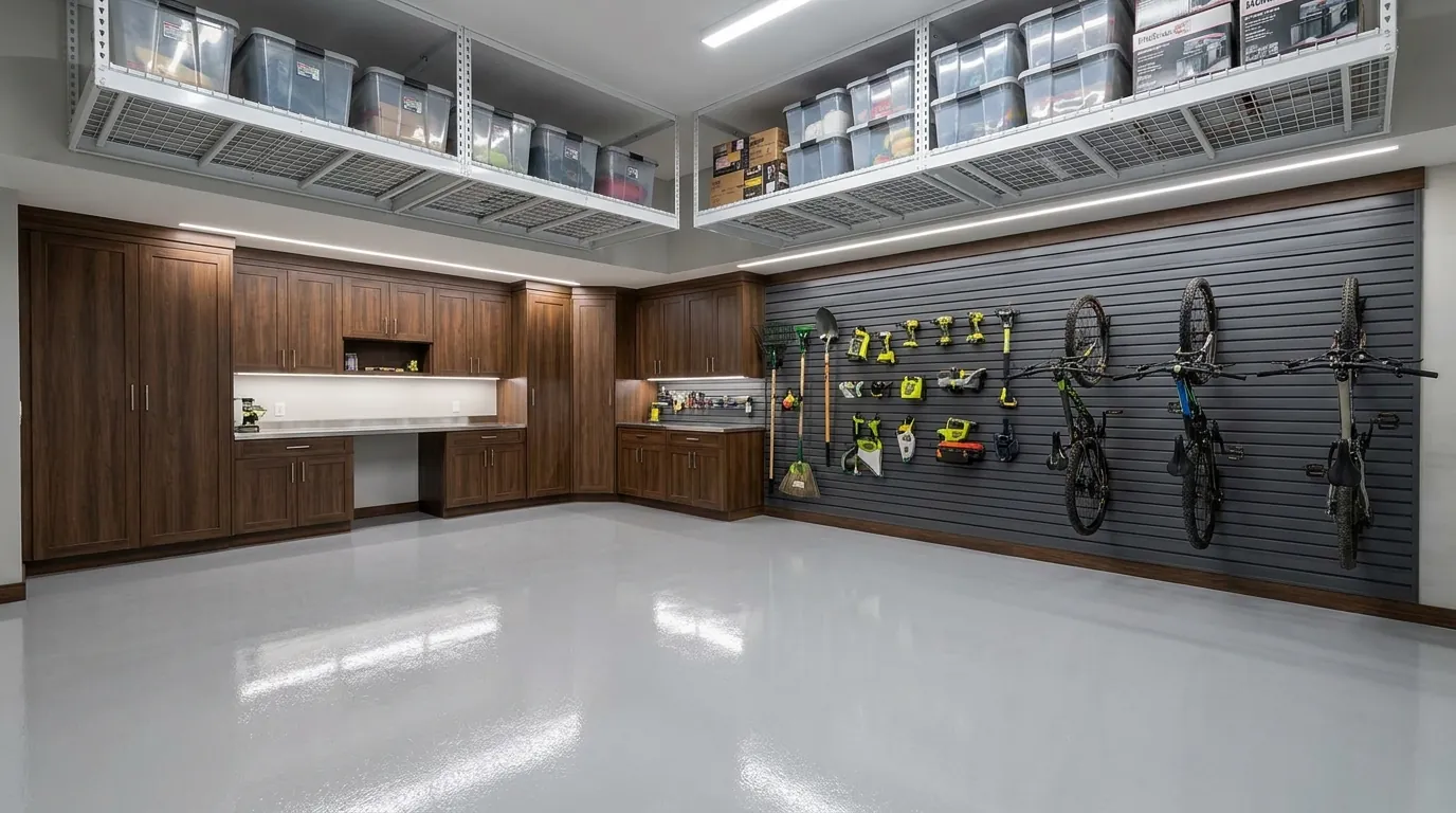 Illustrative image: Finished garage with custom storage system and slatwall